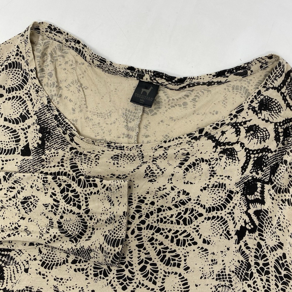 Peruvian Connection Lace Print Top Womens M/L Tan Black Pima Cotton Modal‎ Boho